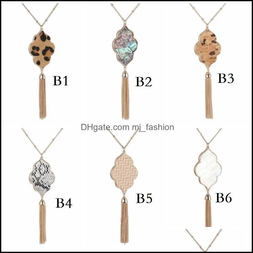 oval flower hexagon abalone shell leopard pendant necklace metal tassels long chain sweater necklace geometric jewelry