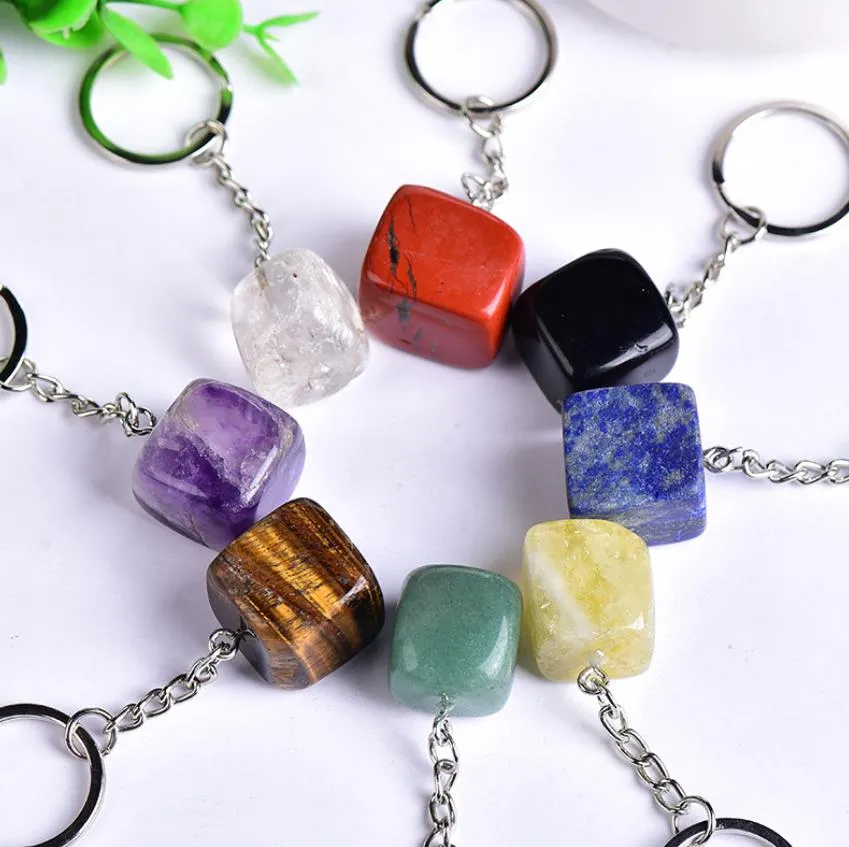 cubic square shape natural stone quartz keychains key rings for women men handbag hangle car key holder raw mineral keyring jewelry
