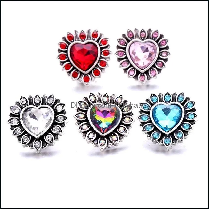 bright rhinestone fastener 18mm snap button clasp metal heart charms for snaps jewelry findings suppliers snapper