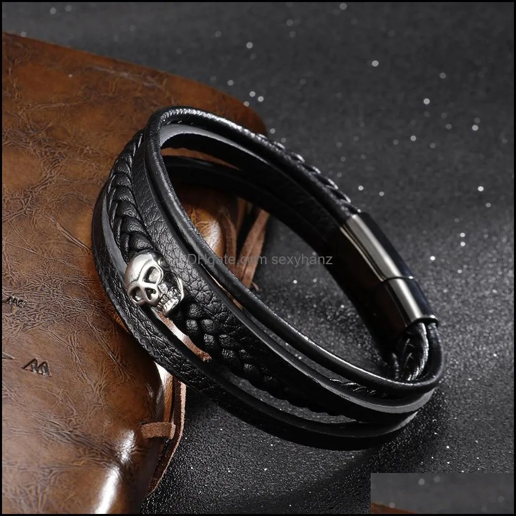 skull leather bracelet for men women skelton link chain genuine rope wristband bangle with stainless steel gothic punk jewelry magnetic