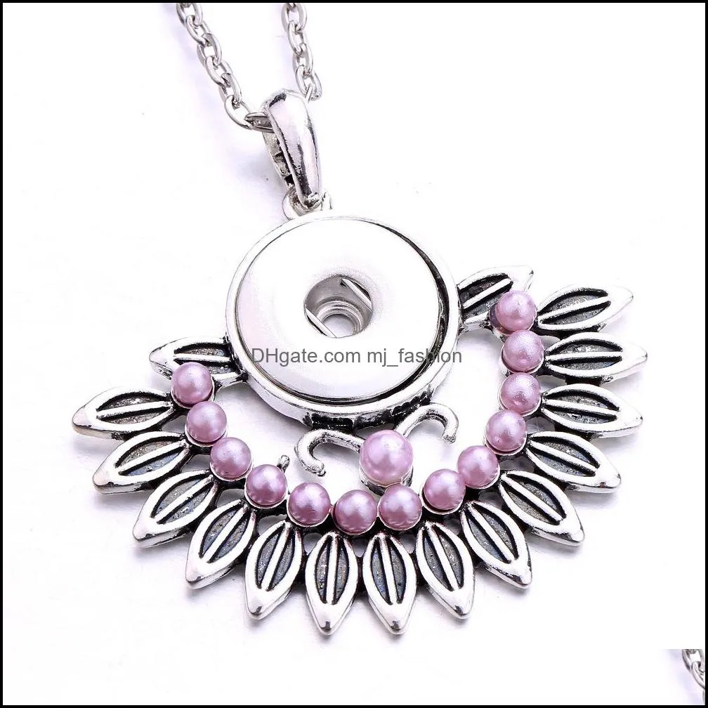 fahion retro silver snap button pendant jewelry acrylic pearl paved feather charms 18mm snaps buttons necklace for women noosa