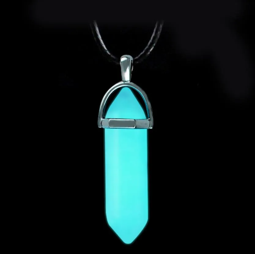 fashion 3 colors fluorescent hexagonal pendant necklace crystal bullet natural stone quartz collars jewerly leather chain