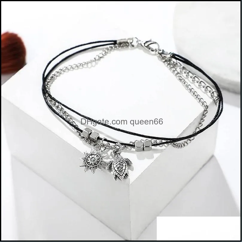 simple geometric turtle sun animal square beaded black wire rope chain anklet ladies beach tourism