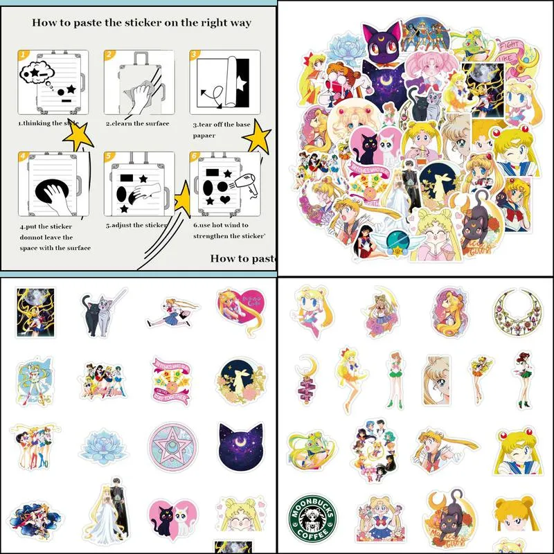 50pcs/set sailor moon anime girls waterproof stickers for notebook laptop guitar car sticker