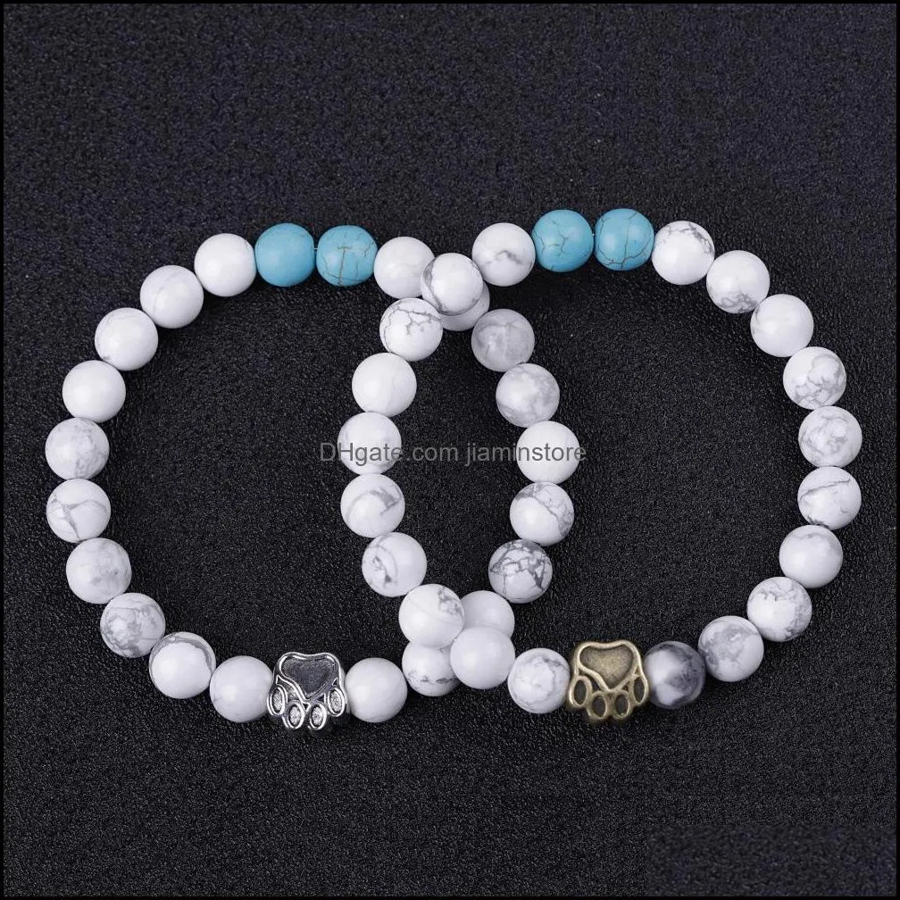 dog paw 8mm stone beads charms bracelet women men bangle beaded hand strings