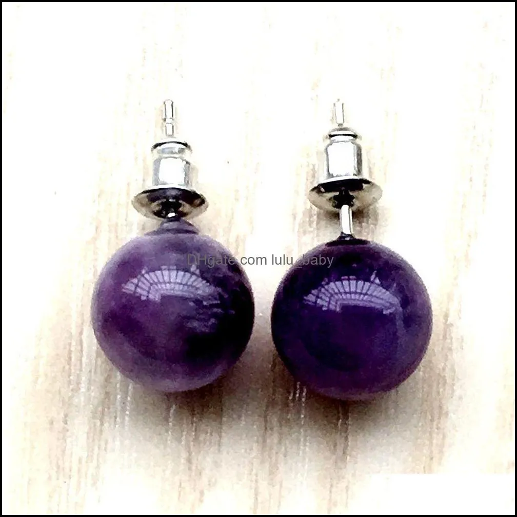 round healing stone stud earrings rose quartz purple amethyst crystal lazuli reiki earring for women