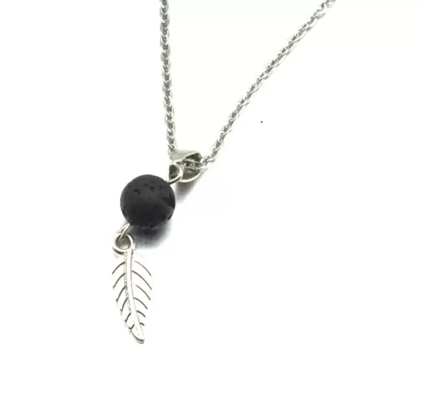 aromatherapy essential oil diffuser necklace black lava rock stone bead volcano necklace leaf charms stainless steel chain jewelry