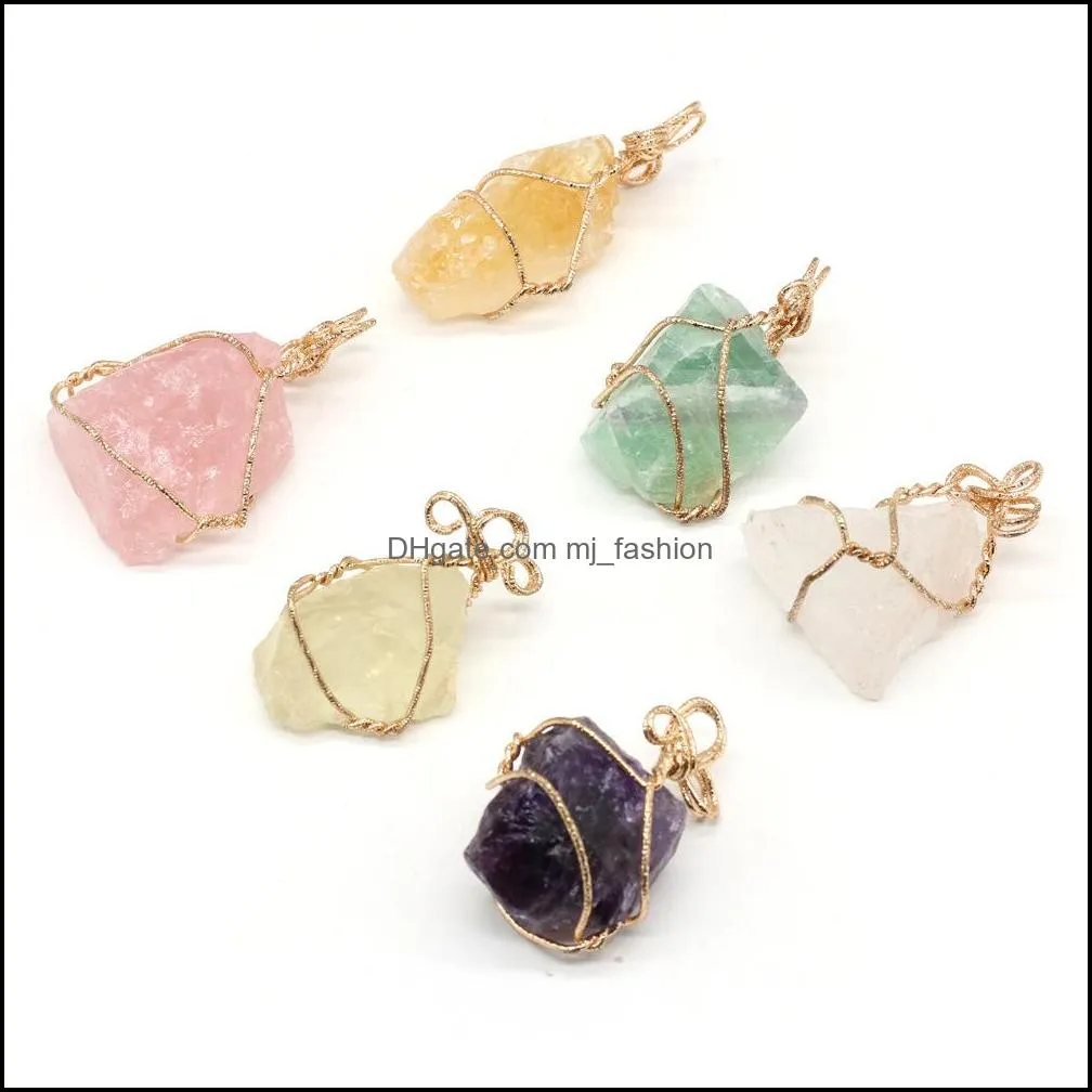 irregular wire wrapped pendant natural rawstone healing crystal amethyst stone pendants diy necklace women gift jewelry