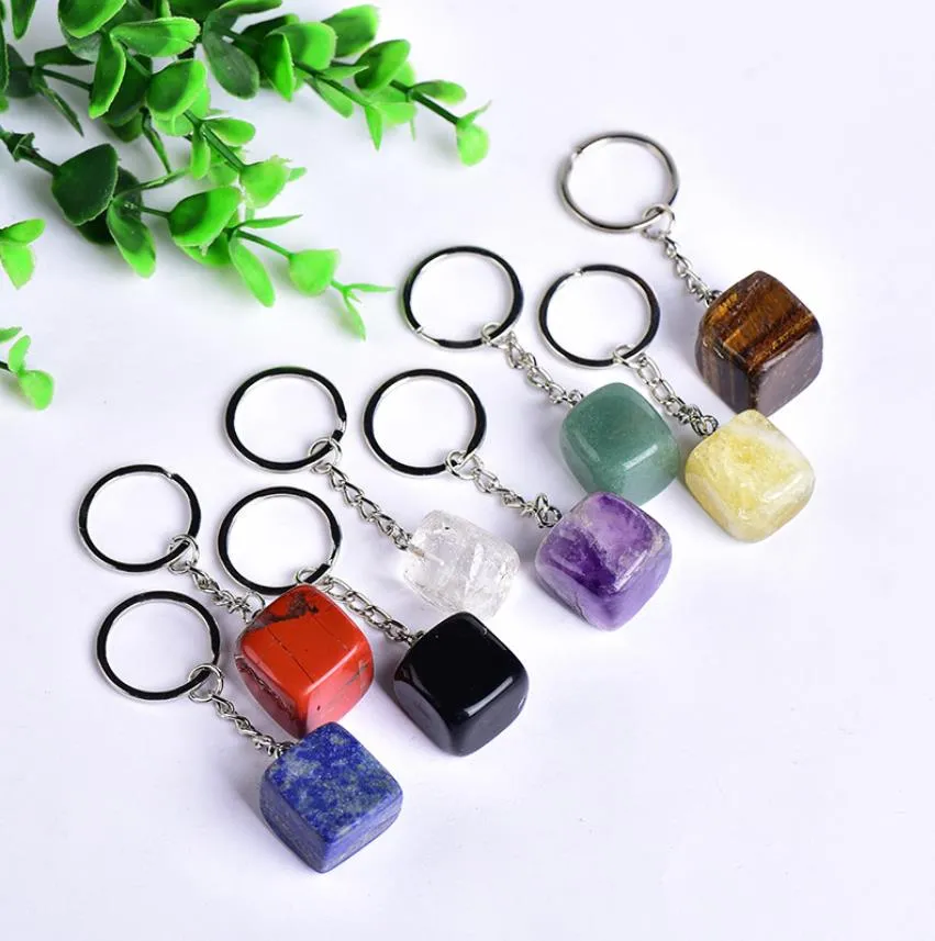 cubic square shape natural stone quartz keychains key rings for women men handbag hangle car key holder raw mineral keyring jewelry