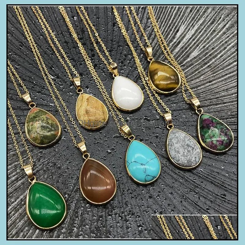 reiki healing jewelry water drop natural stone necklace quartz lapis opal pink crystal pyramid pendant amethyst necklaces women