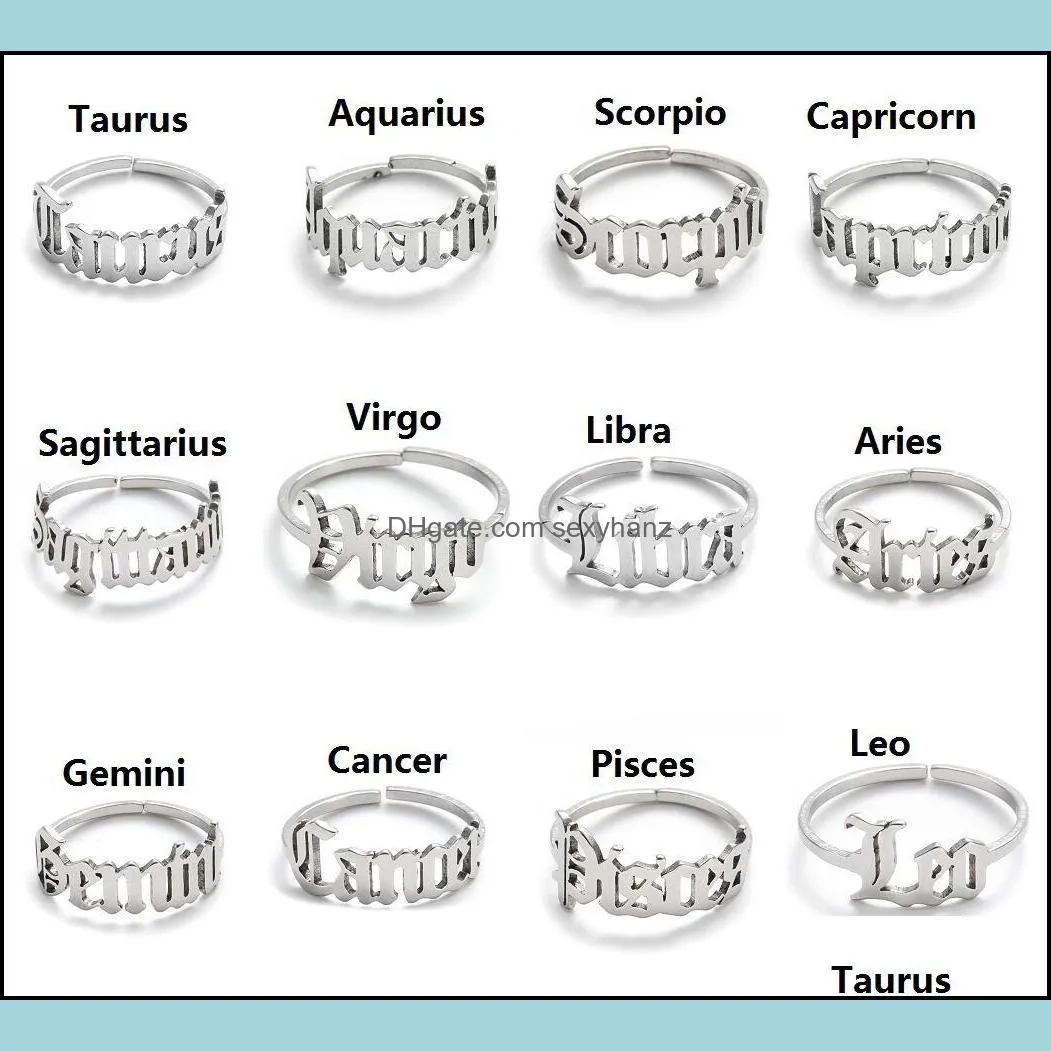 stainless steel 12 constellation zodiac ring for women men antique style design letter leo aries open rings minimalist jewelry