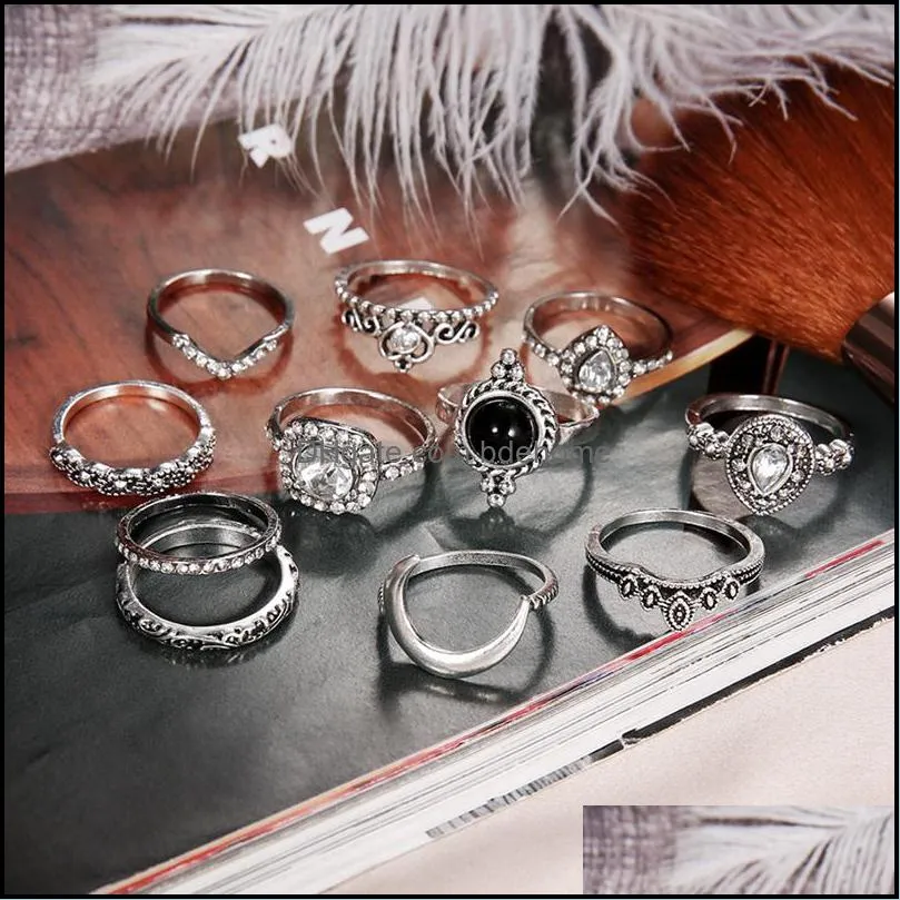 retro knuckles ring set women`s girls can stack rings silver full diamond glass crystal moon ring set