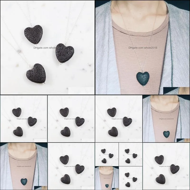 fashion love heart essential oil diffuser necklace aromatherapy jewelry black lava stone long chains necklaces