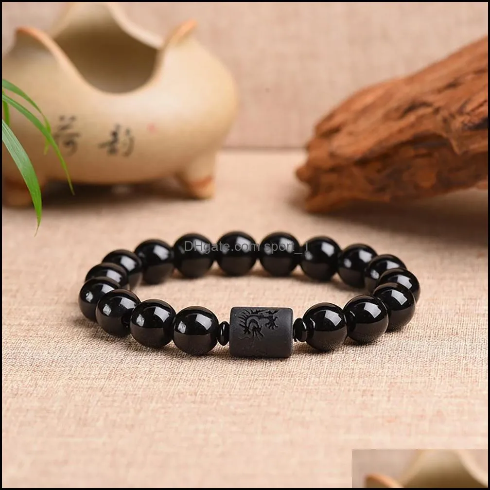 crystal obsidian bracelet strands engrave with dragon or phoenix totem cylinder bead men women natural stone chain famous fashion