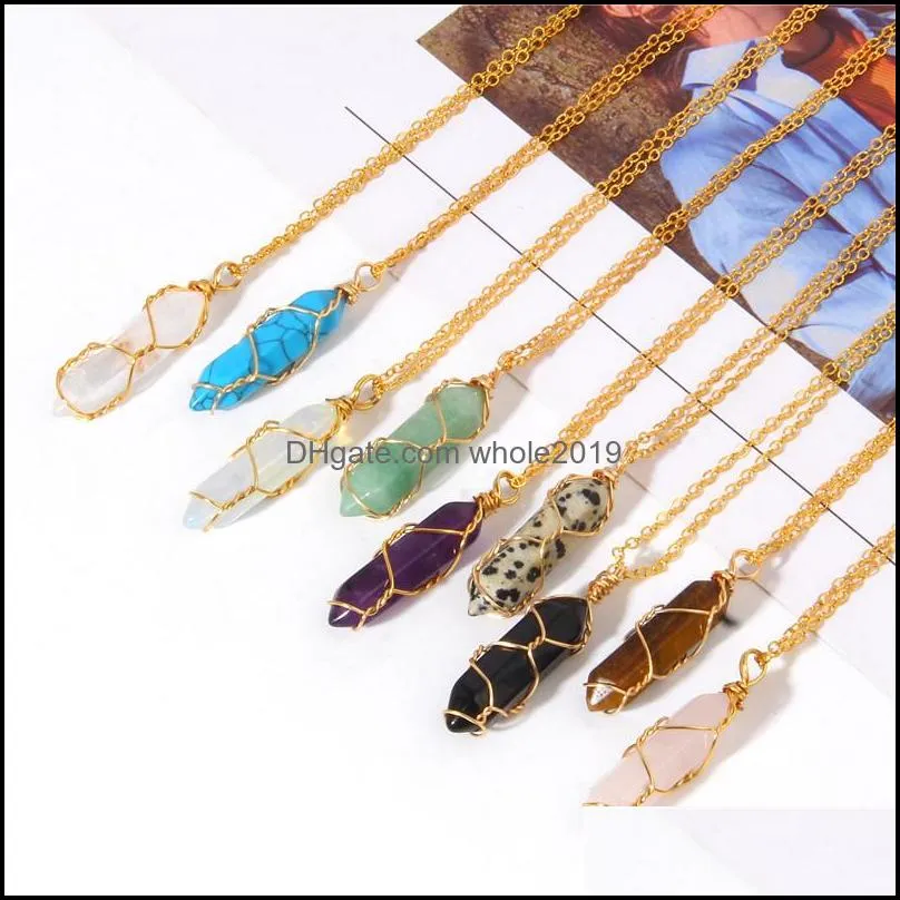 gold reiki healing jewelry hexagonal crystal stone necklace wire wrap stones bullet rose quartz necklace pendulum chakra