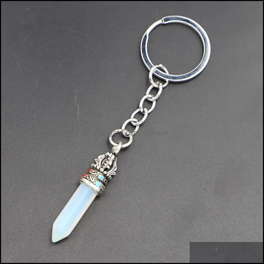 fashion natural stone hexagonal column crown keychain women crystal rose quartz key rings bag car jewelry party friends gift