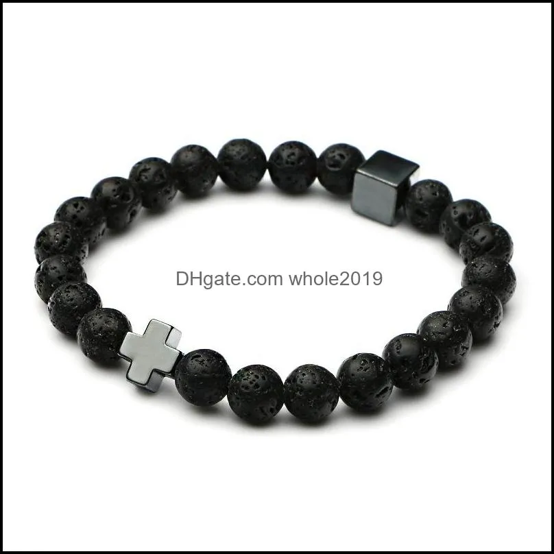 8mm black lava stone cross charms buddha yoga bracelet  oil diffuser jewelry for wome men gift