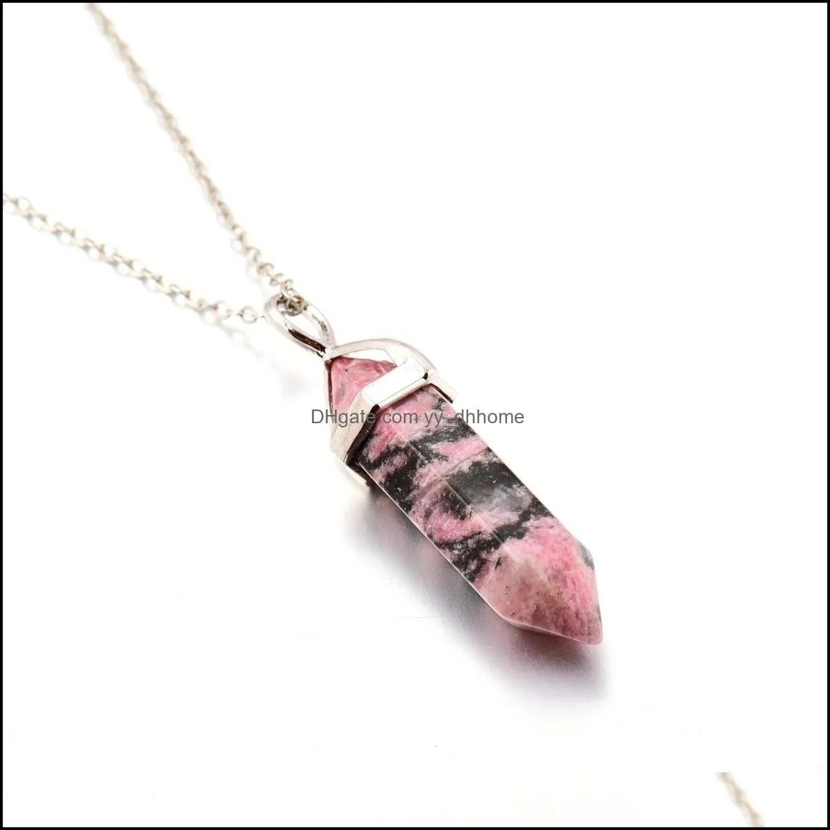 natural stone bullet shape pendant necklaces chains hexagonal prism chakra reiki crystal jewelry for women men