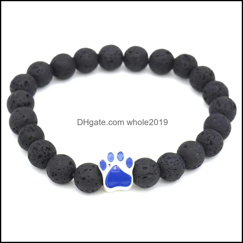 new paw charms 8mm black lava stone strand elastic bracelet essential oil diffuser bracelets volcanic rock footprint beaded hand