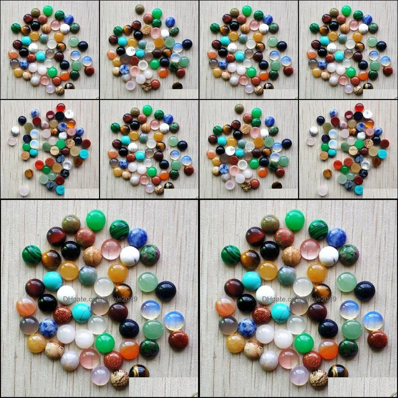 8mm assorted natural stone flat base round cabochon green pink cystal loose beads for necklace earrings jewelry & clothes accessories making