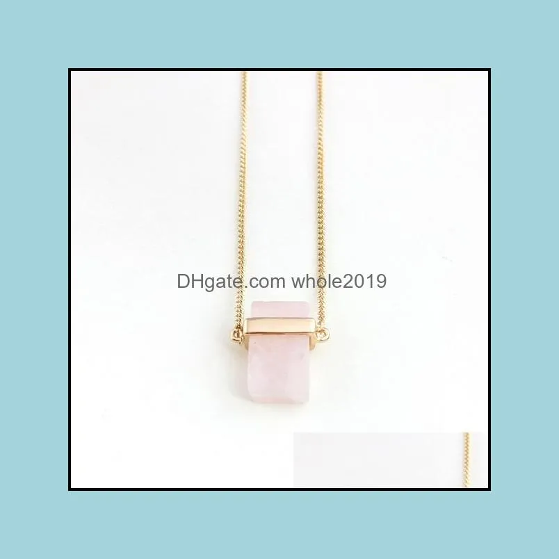 rectangle rose pink quartz necklace crystal stone polishing metal druzy exquisite handmade pendant necklaces