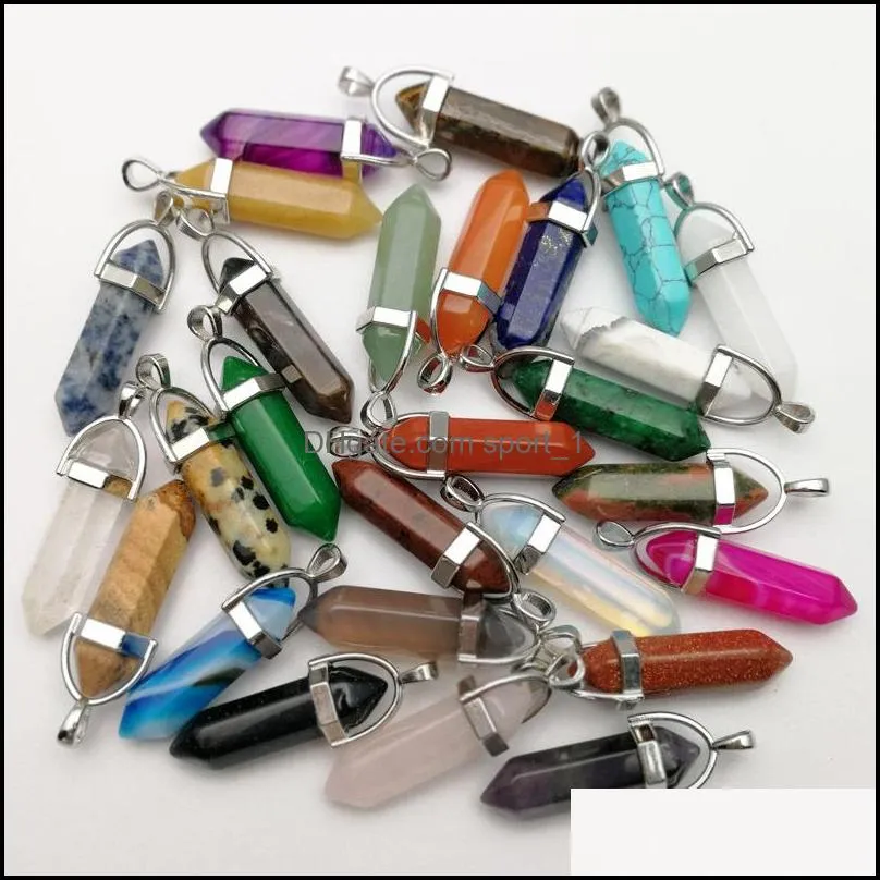 silver color metal natural stone pillar pendulum charms chakra hexagonal prism healing crystal reiki point pendants for necklace jewelry