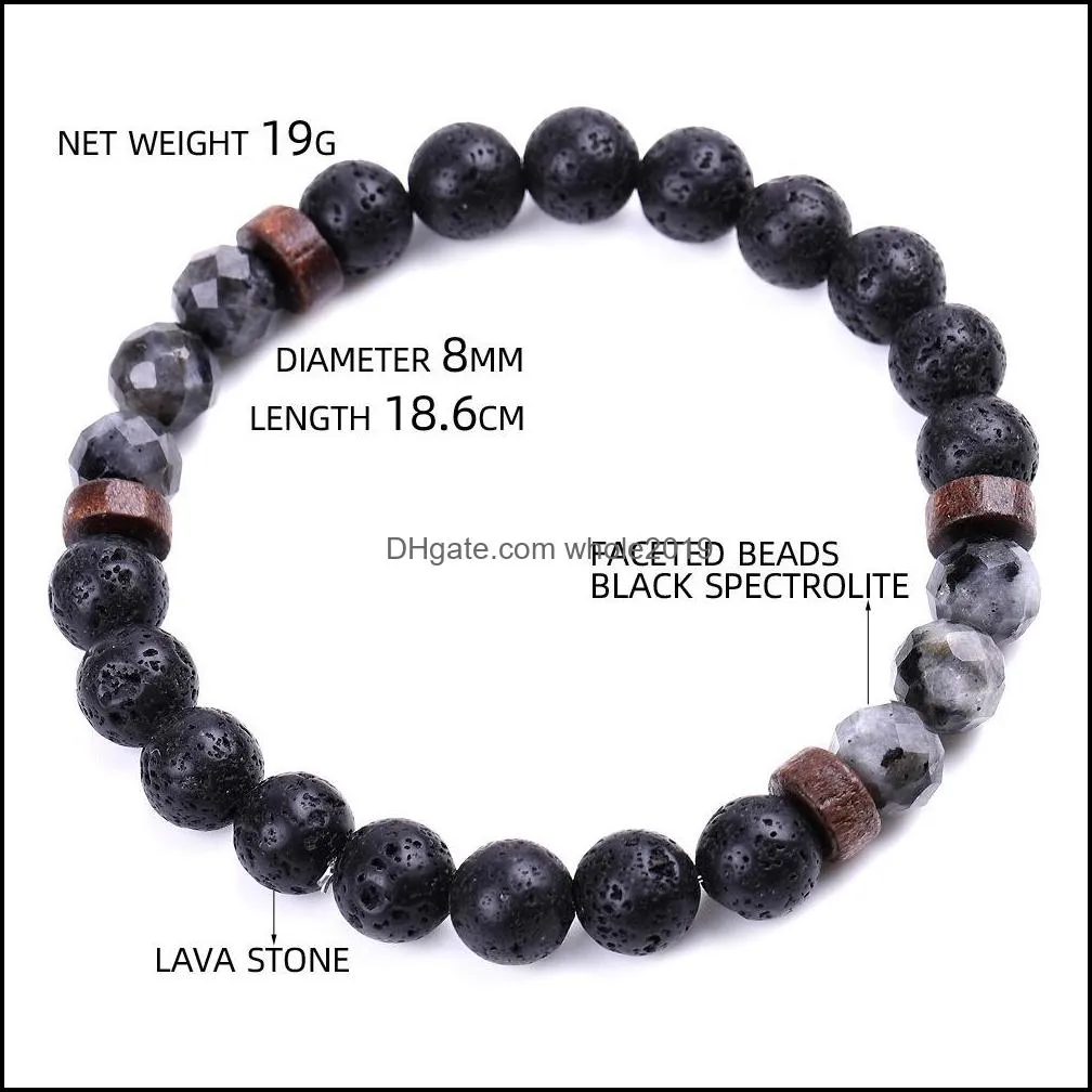 men bracelet faceted natural stone wooden beaded 8mm tiger eye spectrolite buddha lava beads stretch bracelets women jewelry gift