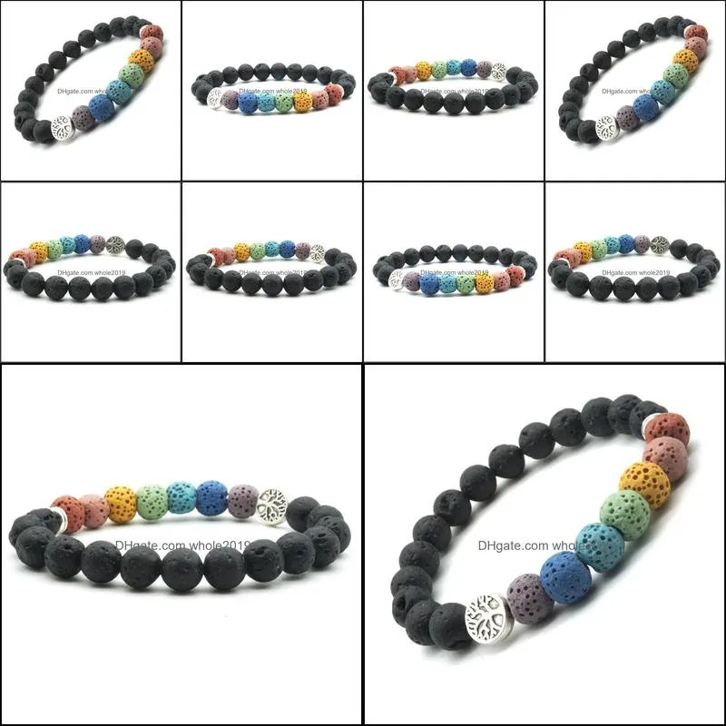 mens black lava stone strand bracelets tree of life charms 7 chakra beads bracelet women fashion jewelry