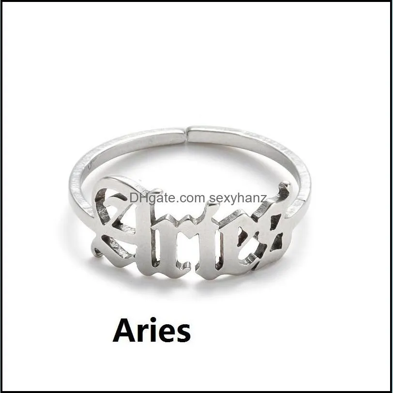 stainless steel 12 constellation zodiac ring for women men antique style design letter leo aries open rings minimalist jewelry