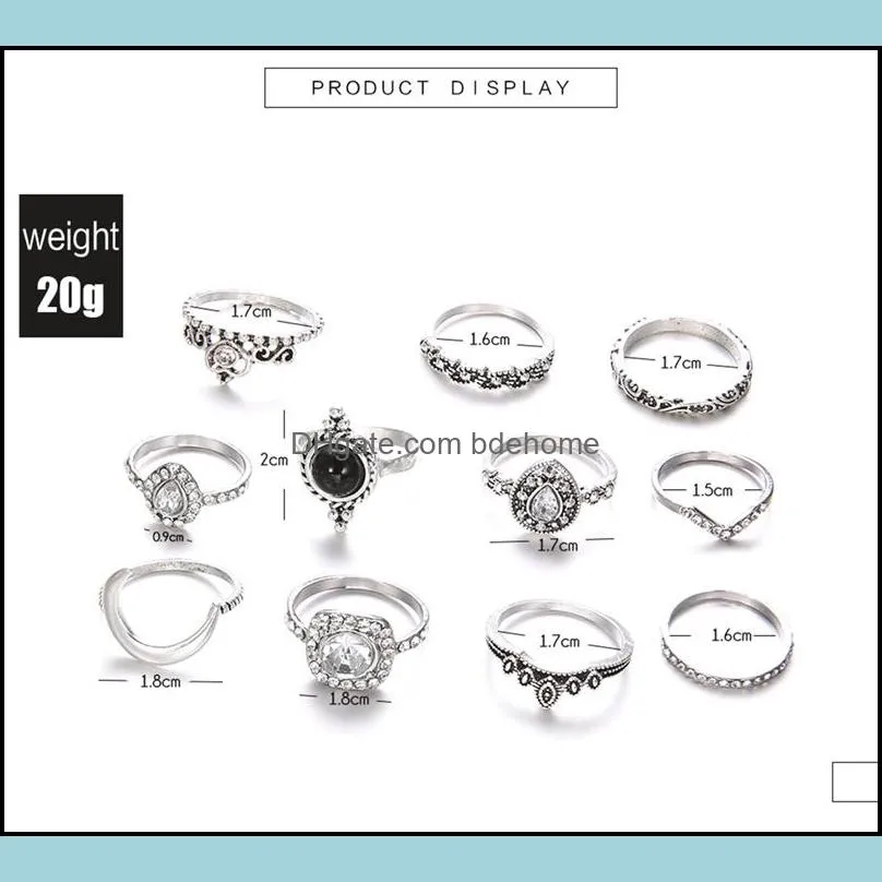 retro knuckles ring set women`s girls can stack rings silver full diamond glass crystal moon ring set