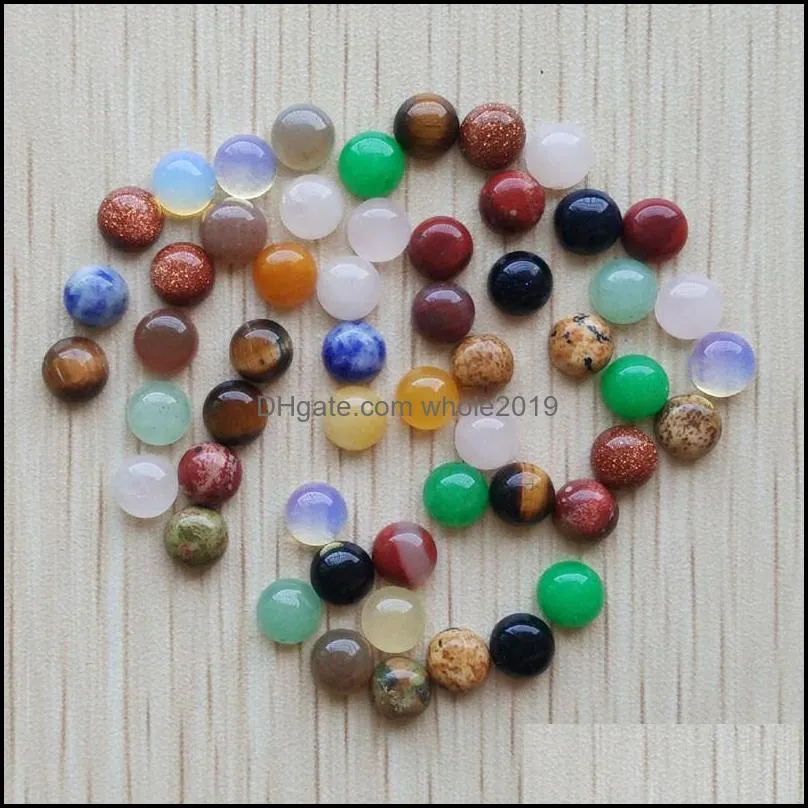 6mm assorted natural stone flat base round cabochon green pink cystal loose beads for necklace earrings jewelry & clothes accessories making