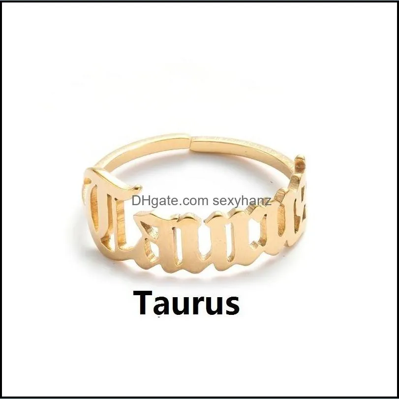 stainless steel 12 constellation zodiac ring for women men antique style design letter leo aries open rings minimalist jewelry