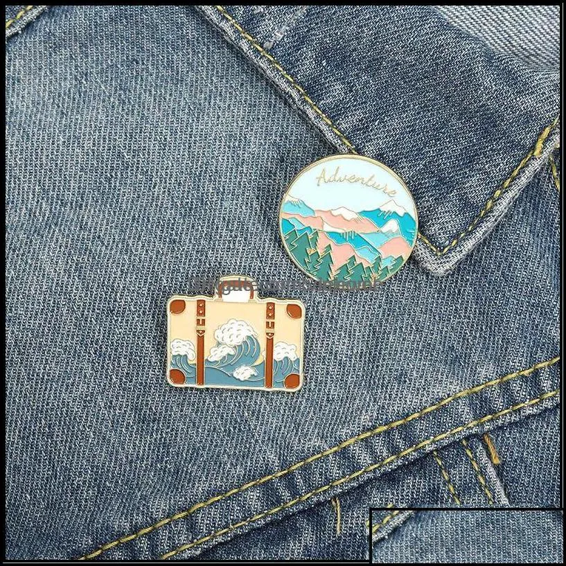 pins brooches jewelry outdoor adventure travel bag shape unisex circle mountain tree wave clothes badges alloy oil paint backpack sweater