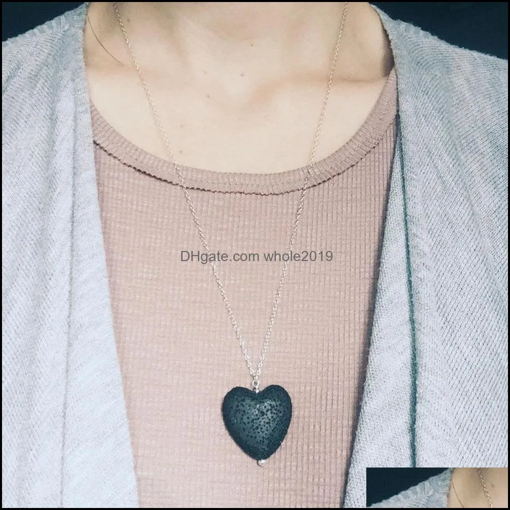 fashion love heart essential oil diffuser necklace aromatherapy jewelry black lava stone long chains necklaces