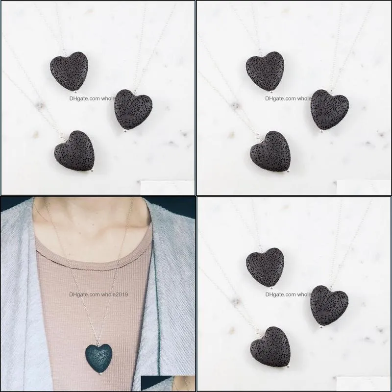 fashion love heart essential oil diffuser necklace aromatherapy jewelry black lava stone long chains necklaces