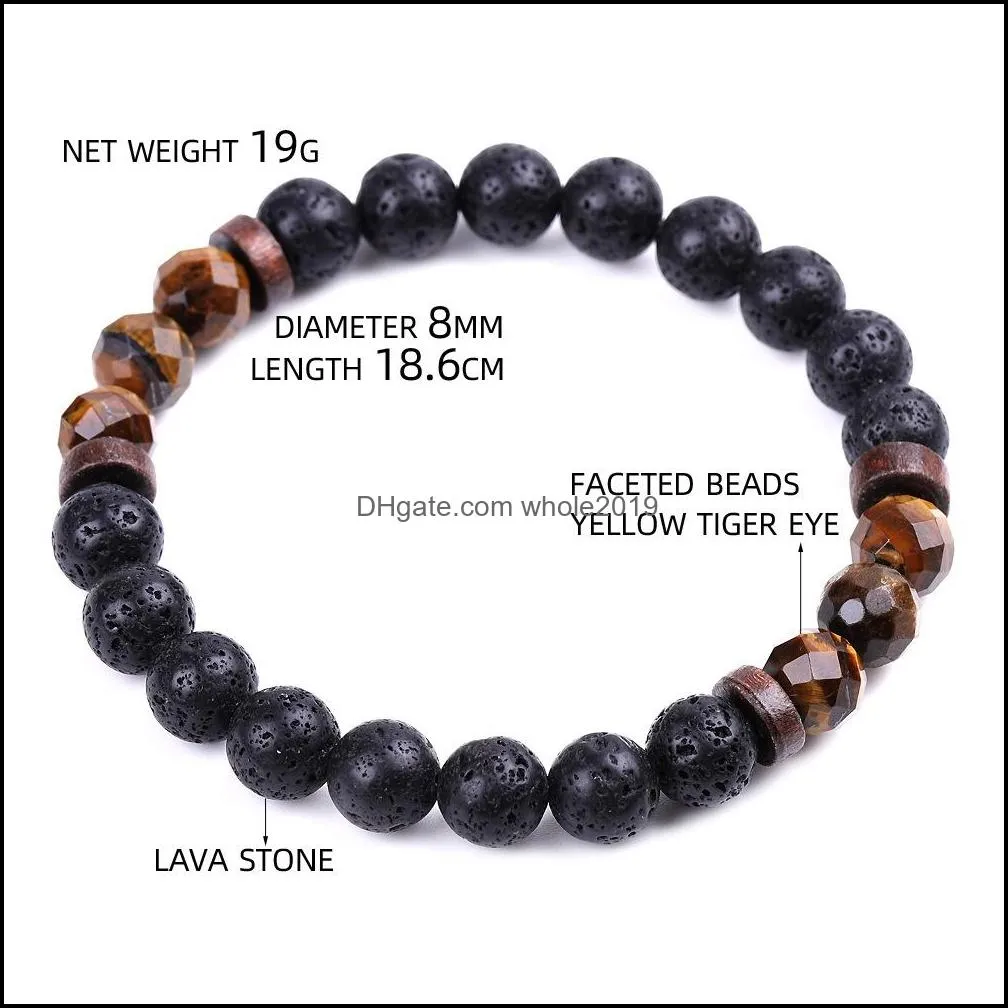 men bracelet faceted natural stone wooden beaded 8mm tiger eye spectrolite buddha lava beads stretch bracelets women jewelry gift