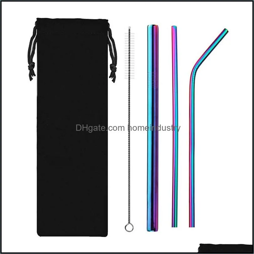 reusable stainless steel straw set straight bent straw cleaning brush 5pcs metal smoothies drinking straws set tta776 45 j2