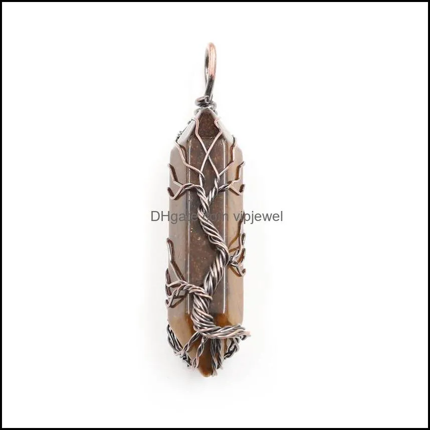 retrotree of life wire wrapped crystal pillar charm round rose quartz healing blue white stones pendant diy jewelry making