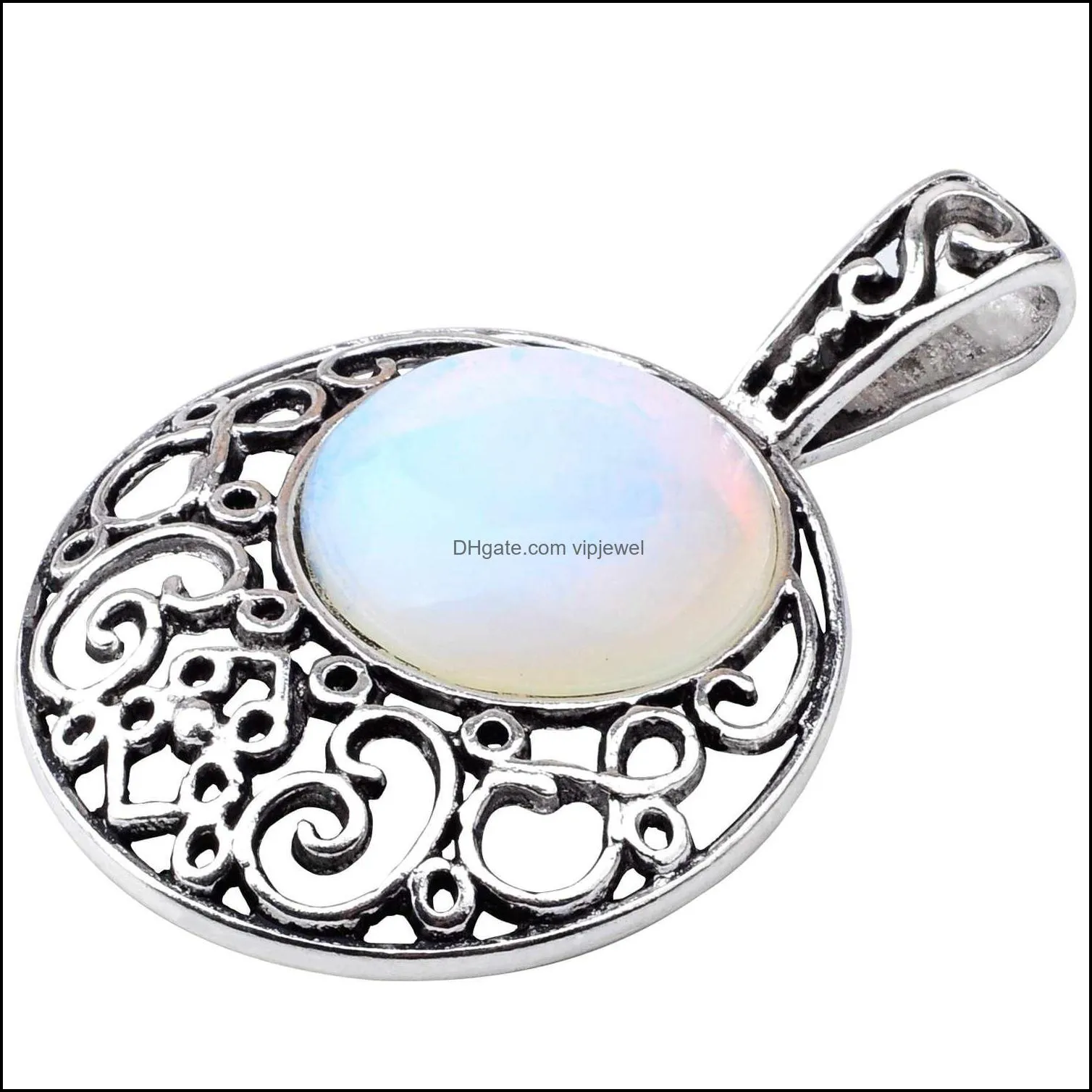 semi precious stone opal & opalite pendants 40mm plated silver alloy 20mm cabochon crystal women necklace jewelry 60cm chain