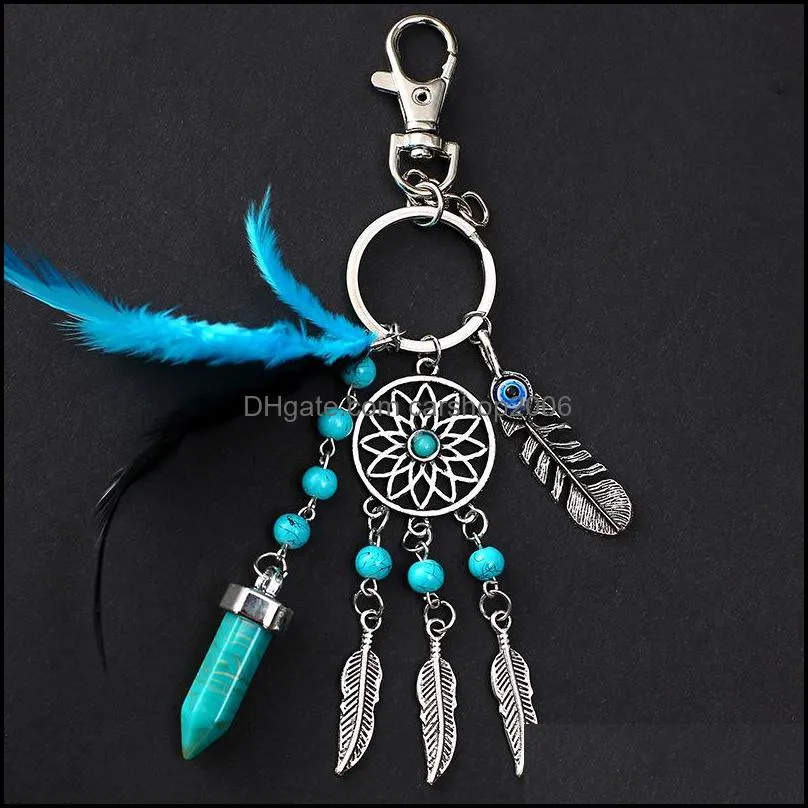 dream catcher keychains blue feather tassel hamsa hand evil eye keyring for wall car hanging decor amulet boho jewelry