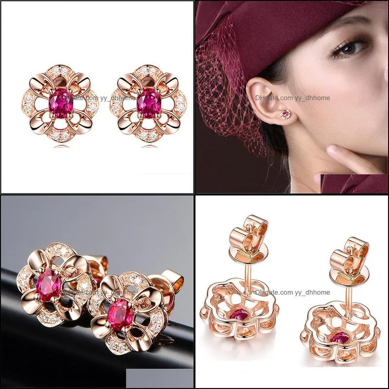 gold earrings silver jewelry accessories flower created ruby zircon gemstone stud earrings for women wedding engagement earring