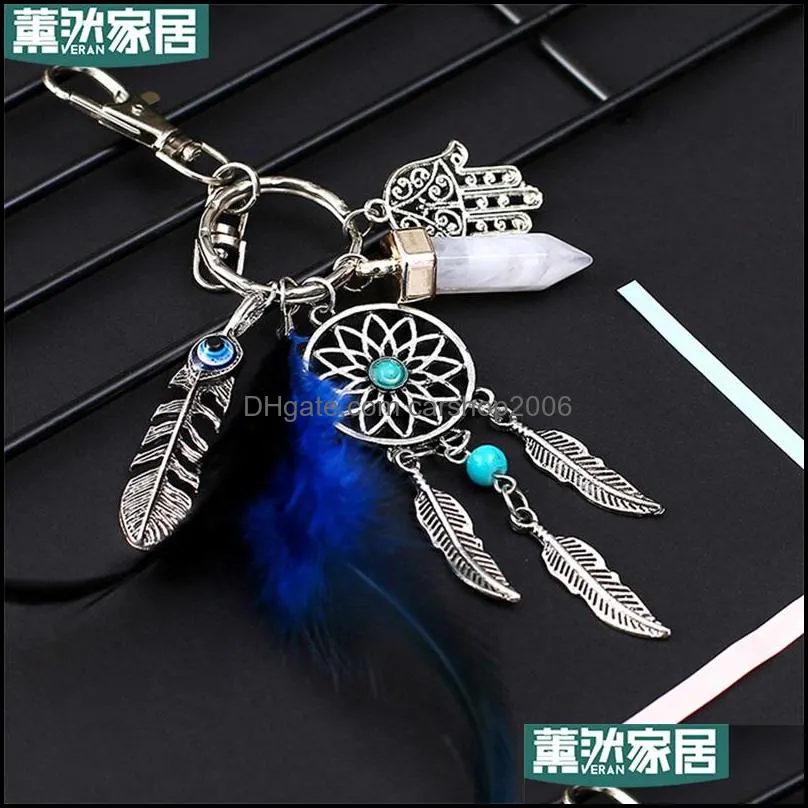 dream catcher keychains blue feather tassel hamsa hand evil eye keyring for wall car hanging decor amulet boho jewelry