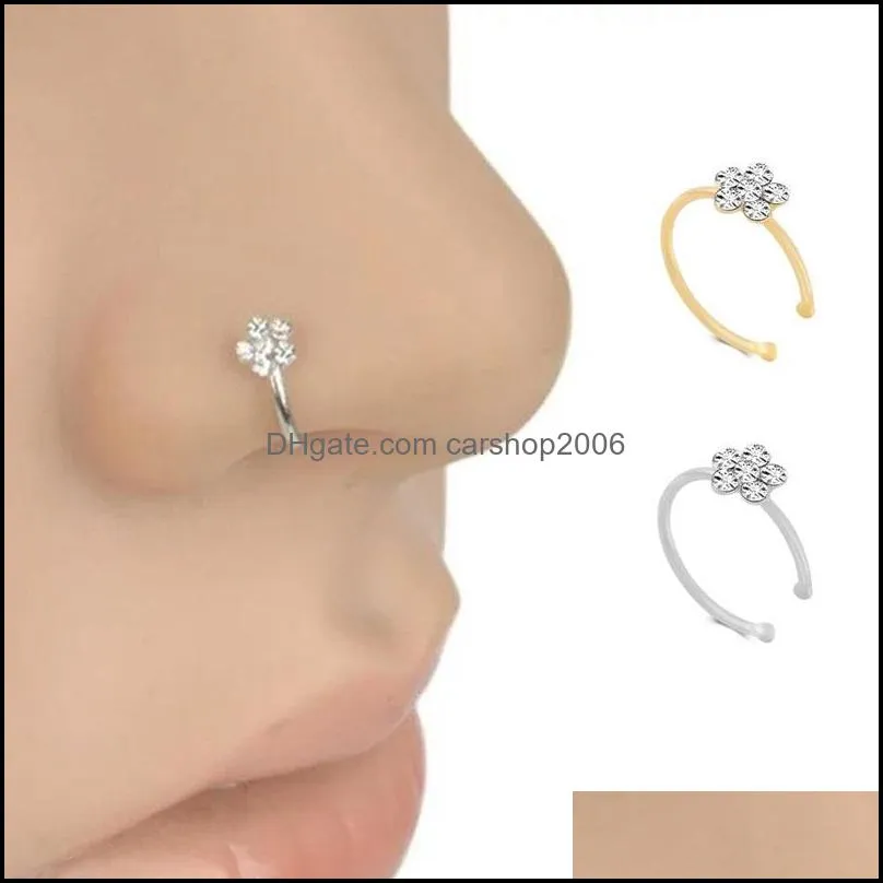 small thin 5 clear crystals flower charm nose silver hoop stud ring jewelry cne fast shipping 533 t2