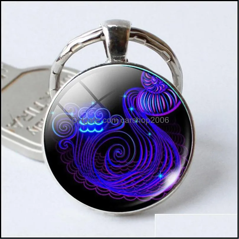 12 constellation keychain zodiac sign key chain round glass pendant keyring keyfob for handbag purse bags car key charm xmas gift 1098