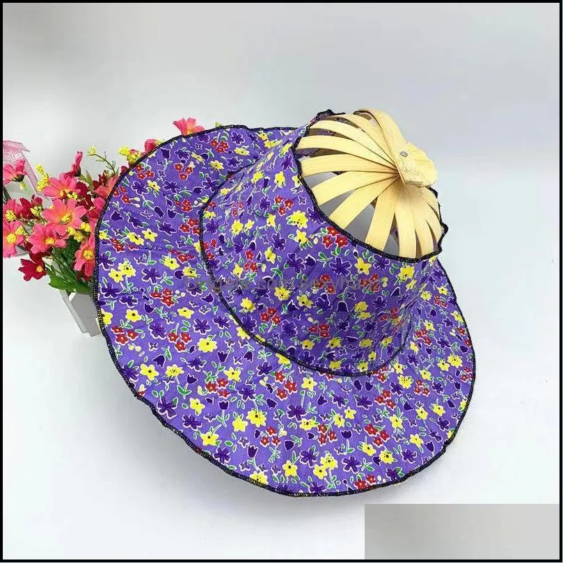 wide brim hats bamboo foldable hand fan sun hat women sunhat with 2 in 1 chinese style frame floral printed 3441 q2