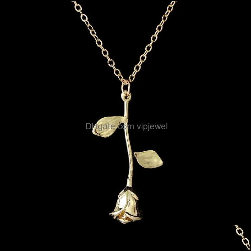 rose pendant necklace jewelry sterling silver retro 3d leaf valentine`s day women`s birthday vintage