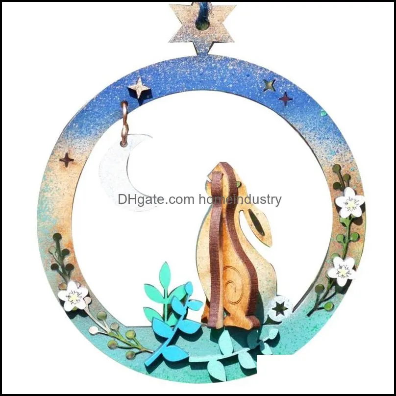 party favor wooden pendant round plaque looking at the moon hanging decor glittery home ornament for easter car reri889