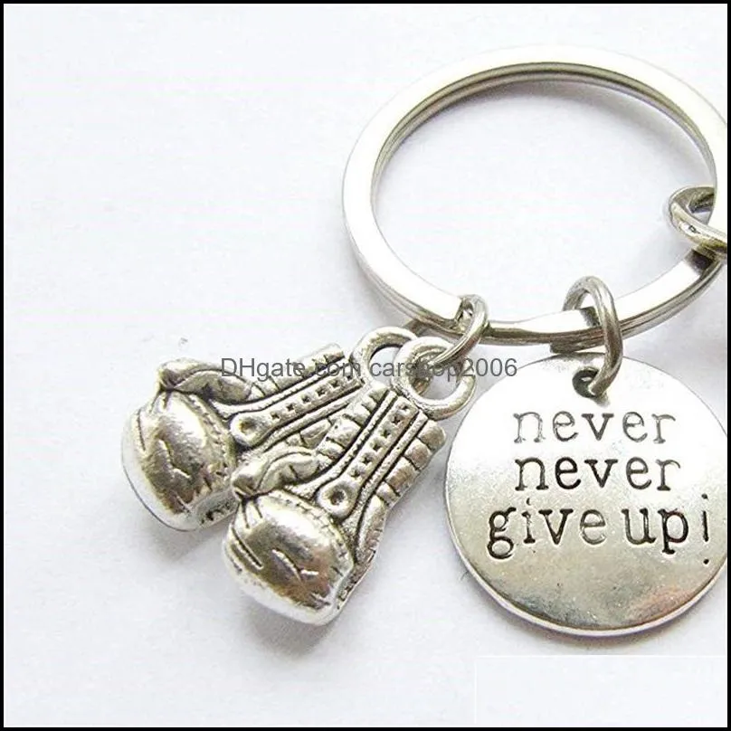 never never give up ! boxing gloves inspirational keychain fitness bodybuilding keychain creative backpack pendant 405 8owre 6sg10 803