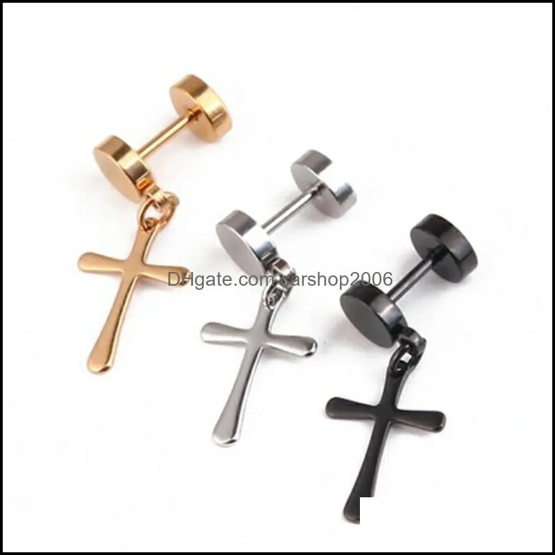 titanium silver earrings mens ear ring clip not allergic cross exaggerated personality fake ear plugs barbell ear stud hip hop 658 q2