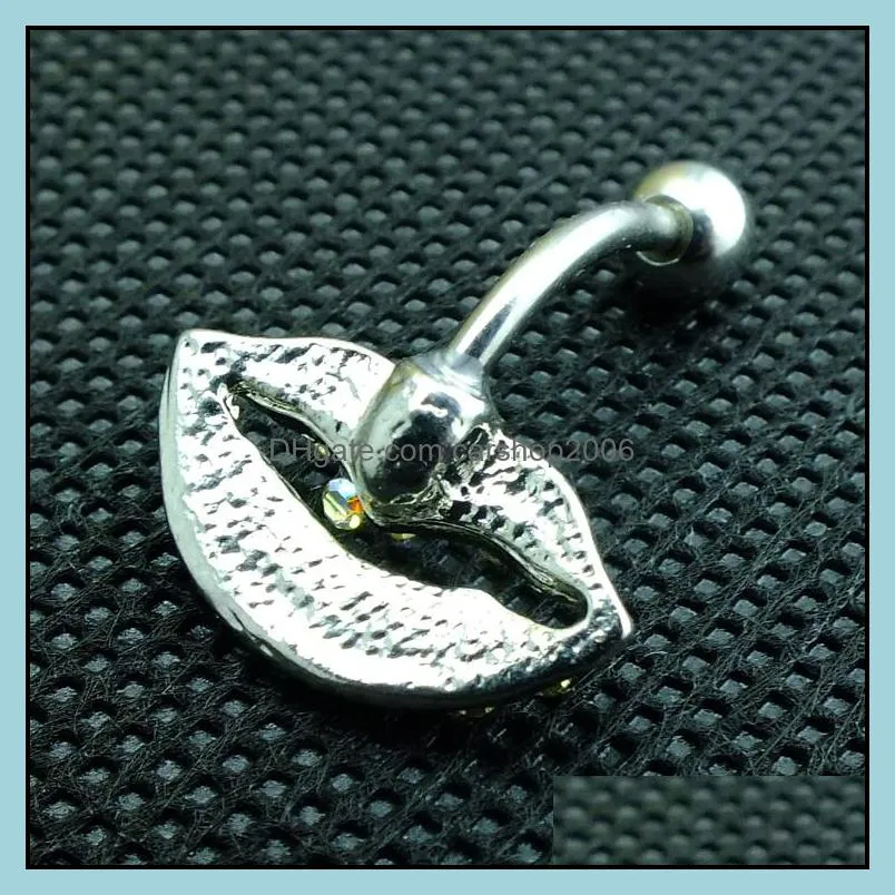 diy high quality fashion silver surgical steel colorful rhinestone lip shape belly button ring for women body piecing jewelry 678 t2